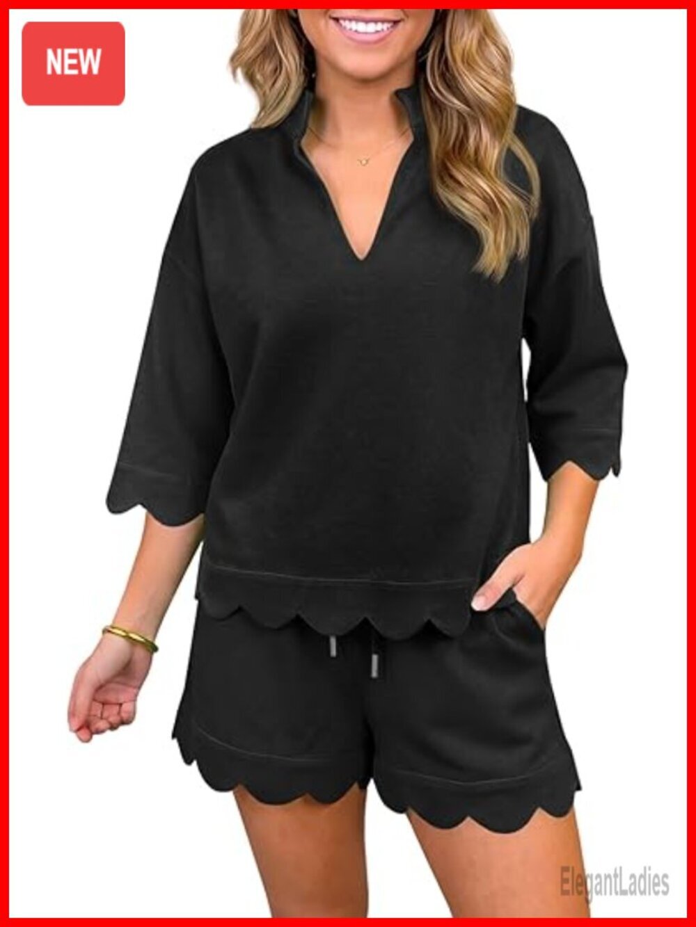2 Piece Lounge Set with V Neck Sweatshirt and Drawstring Shorts